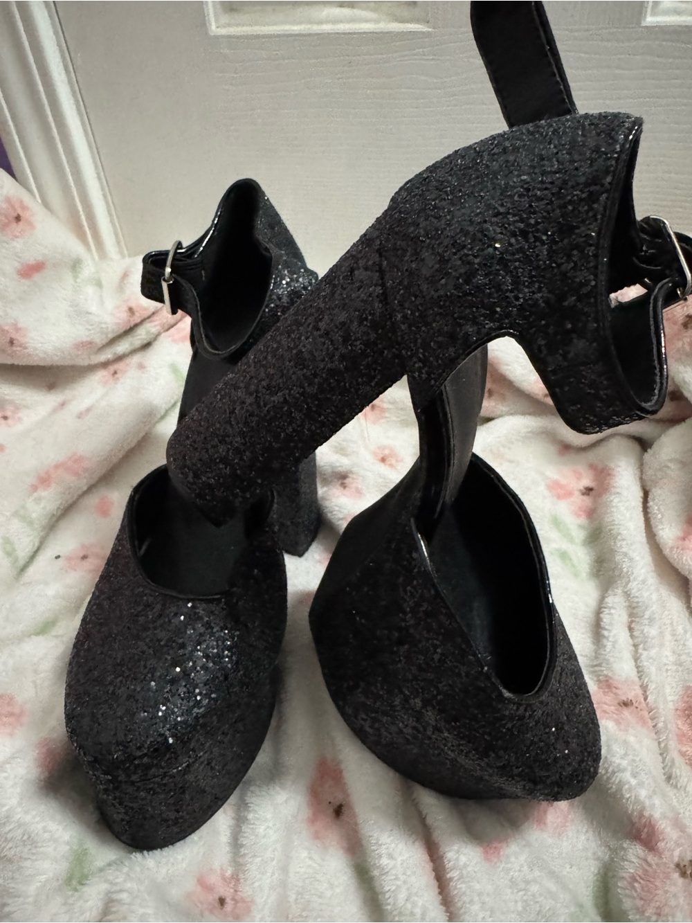 Black Glitter Platform Mary Jane Pumps with Ankle Strap